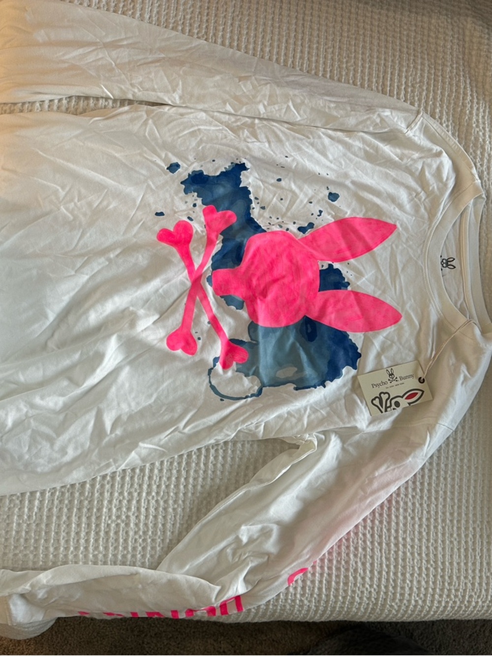 Psycho Bunny Mens White Long-Sleeve Tee with Neon Pink Bunny Graphic